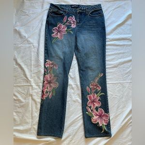 London Jeans size 8 regular fit, floral painted bootcut.